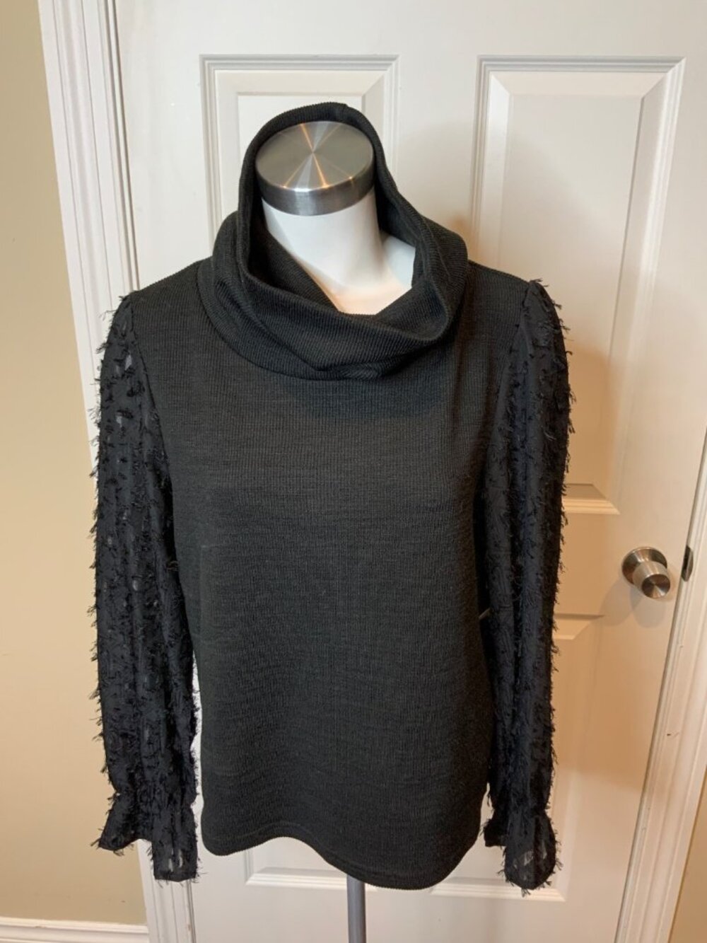 THML Black Ribbed Knit Turtleneck Sweater W/ Textured Sleeves, Size L